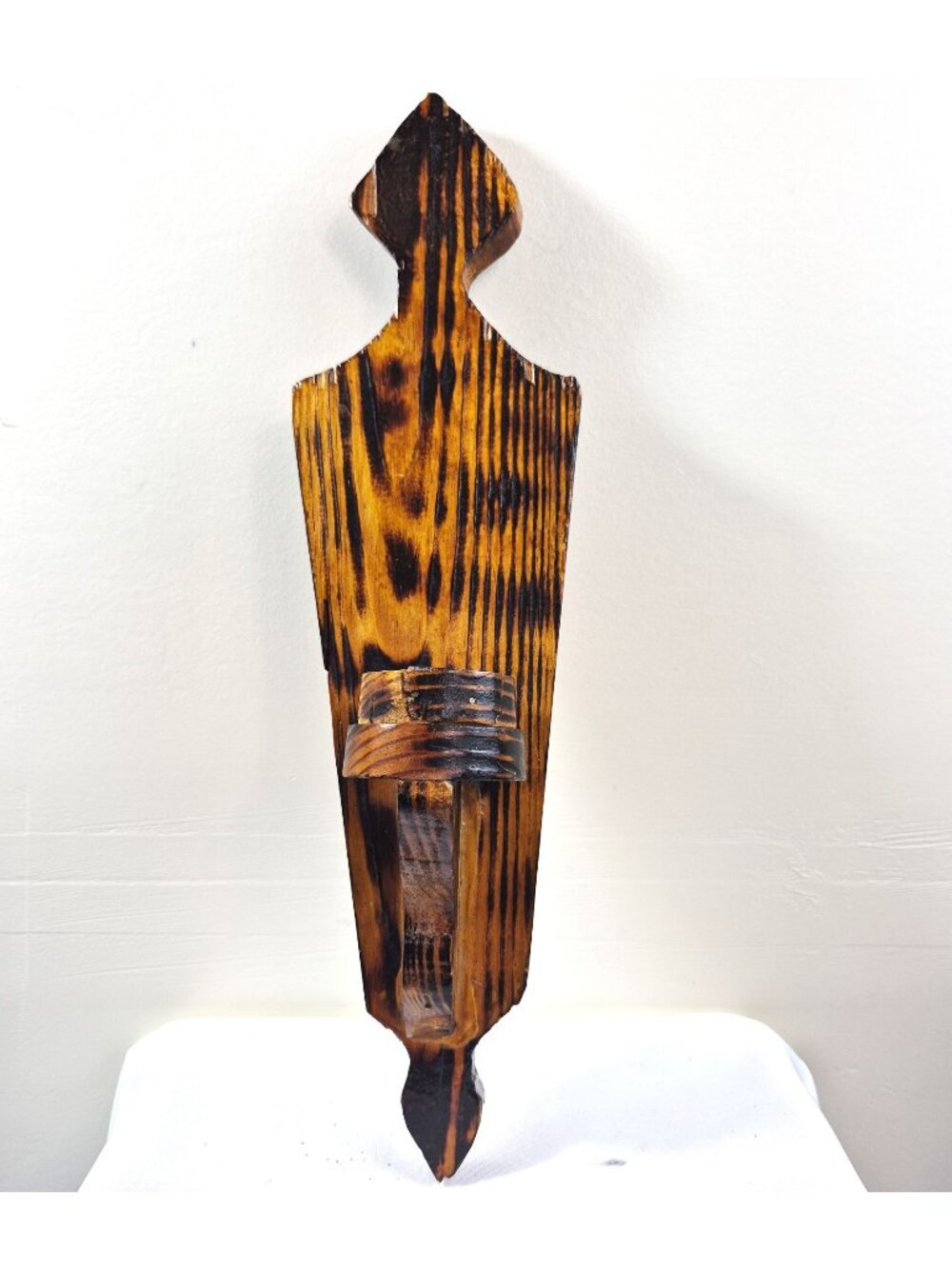 Handcrafted Rustic Burnt Wood Wall-Mounted Candle Holder Vintage Style Decor